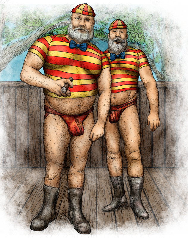 Digital Illustration. Bears in Wonderland; Two bearded muscular men dressed in Bright yellow and orange shirts and hats, blue bowties, black boots, and red jock straps.
